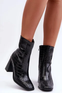 Skórzane Wysokie Botki Wężowy Wzór Czarne Kornell