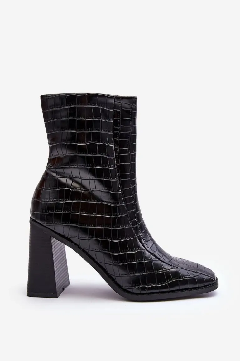Skórzane Wysokie Botki Wężowy Wzór Czarne Kornell