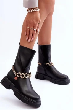 Skórzane Wysokie Botki Z Łańcuchem Czarne Pugen