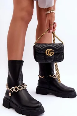 Skórzane Wysokie Botki Z Łańcuchem Czarne Pugen