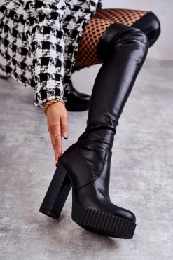 Skórzane Wysokie Kozaki Na Platformie Czarne Katrina