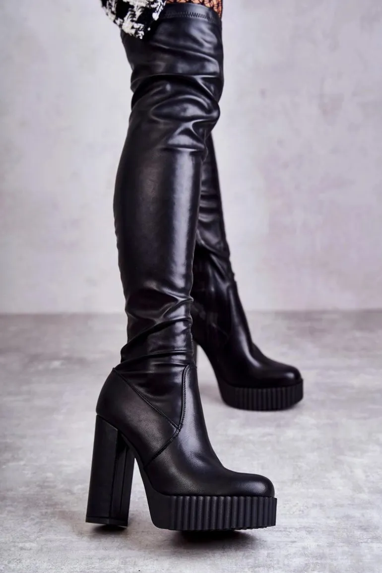 Skórzane Wysokie Kozaki Na Platformie Czarne Katrina