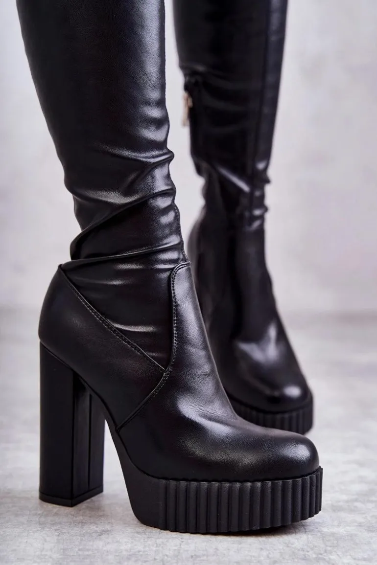 Skórzane Wysokie Kozaki Na Platformie Czarne Katrina