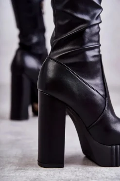 Skórzane Wysokie Kozaki Na Platformie Czarne Katrina