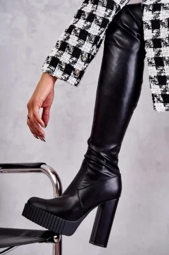 Skórzane Wysokie Kozaki Na Platformie Czarne Katrina