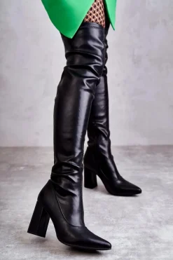 Skórzane Wysokie Kozaki Na Obcasie Czarne Casto