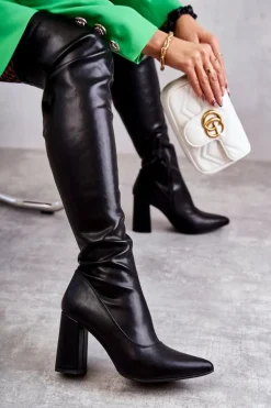 Skórzane Wysokie Kozaki Na Obcasie Czarne Casto