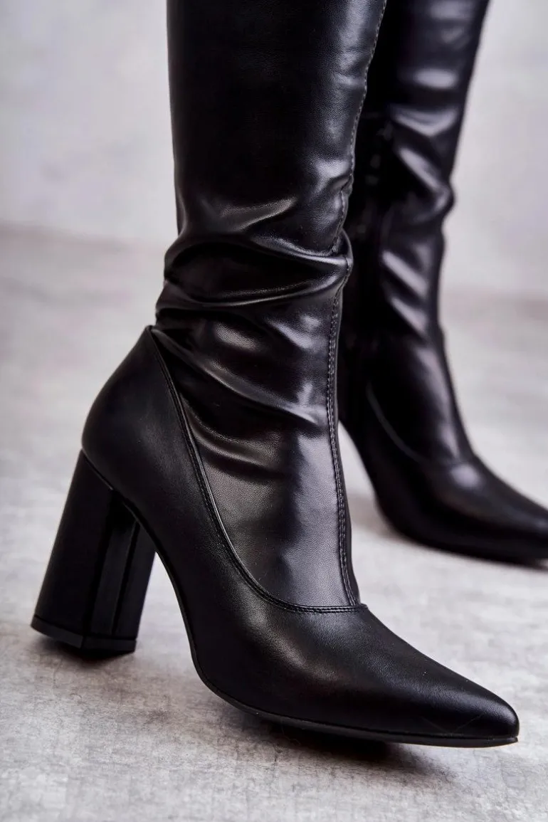 Skórzane Wysokie Kozaki Na Obcasie Czarne Casto