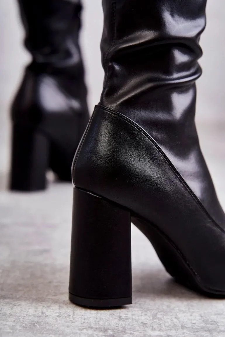 Skórzane Wysokie Kozaki Na Obcasie Czarne Casto