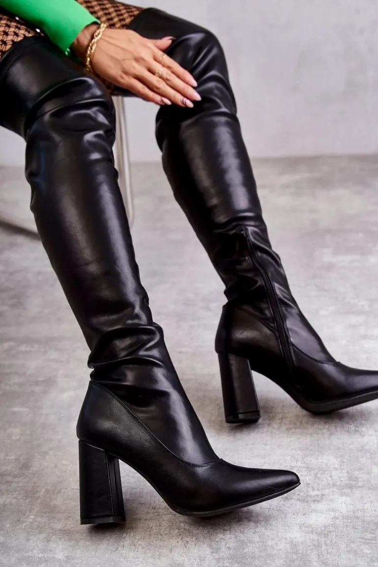 Skórzane Wysokie Kozaki Na Obcasie Czarne Casto