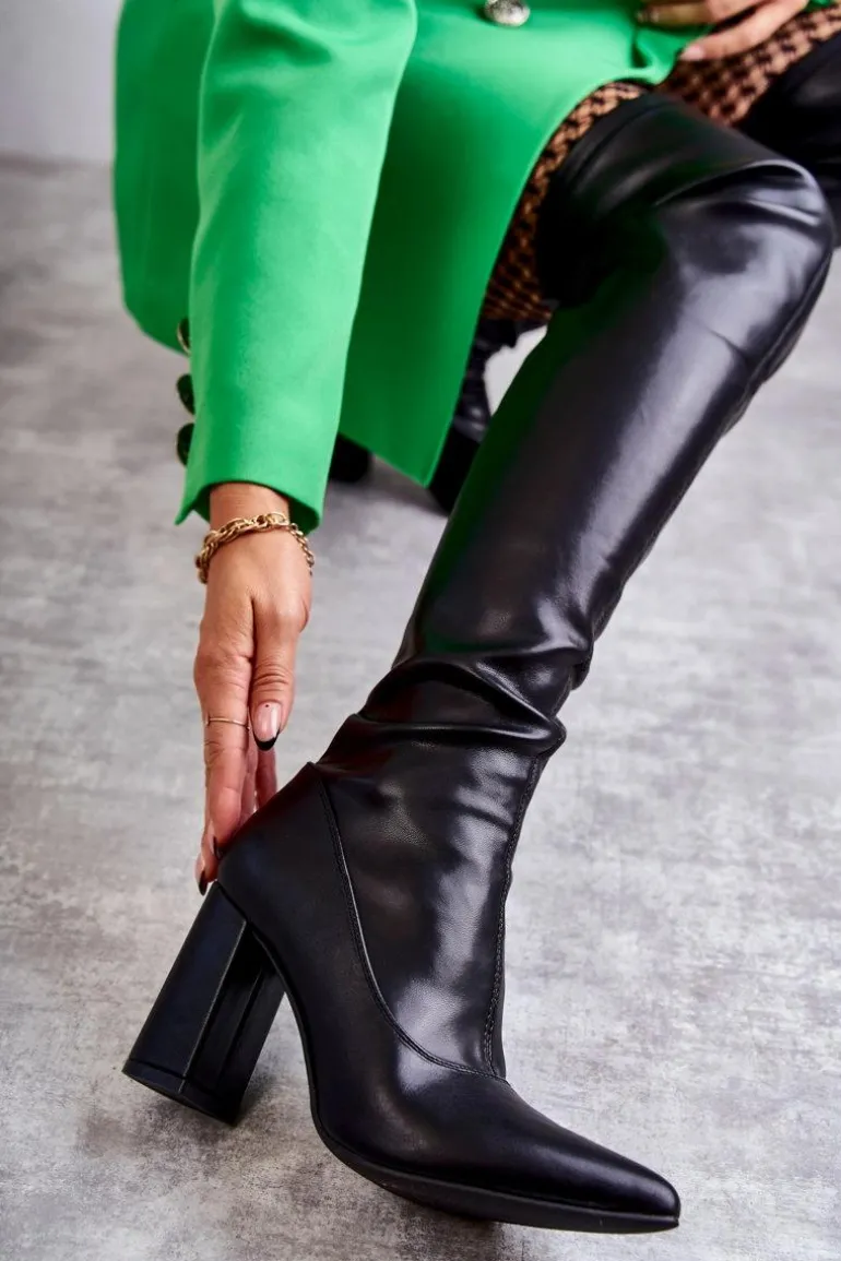 Skórzane Wysokie Kozaki Na Obcasie Czarne Casto