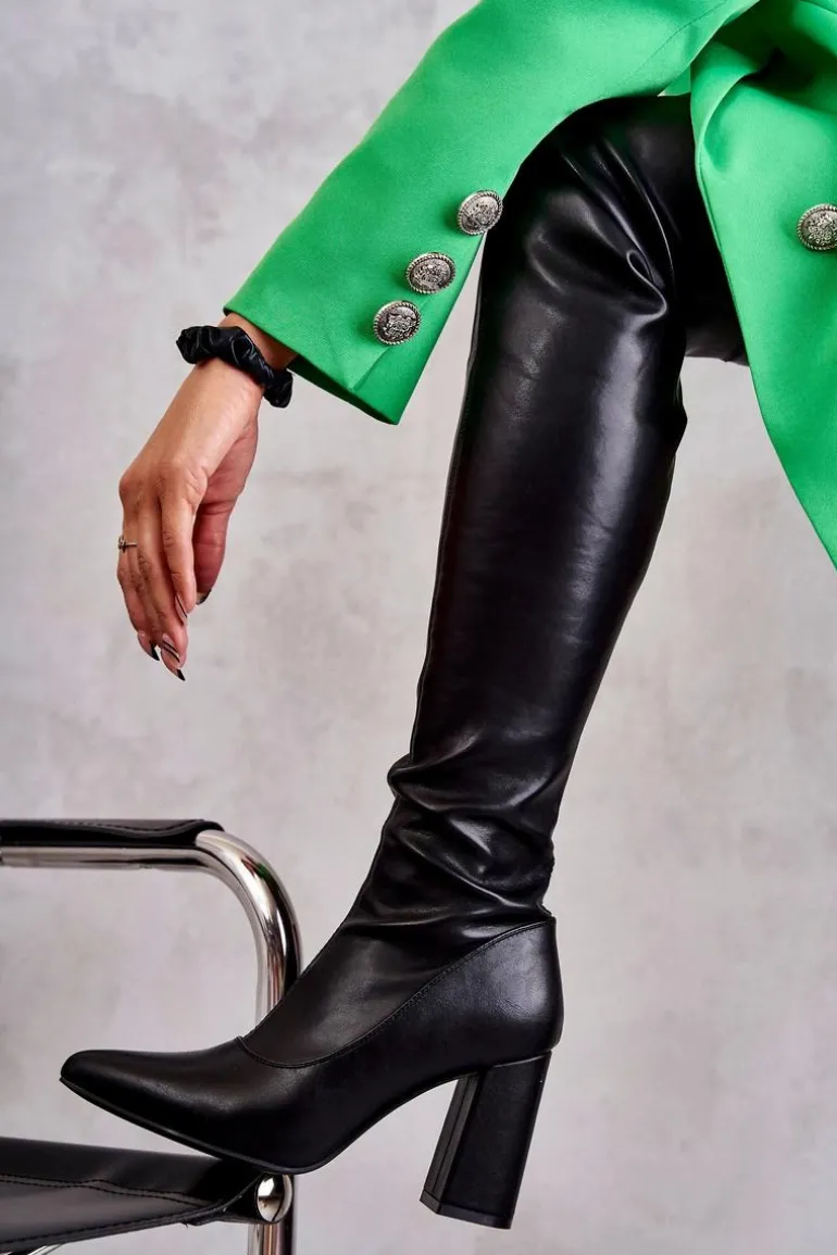 Skórzane Wysokie Kozaki Na Obcasie Czarne Casto