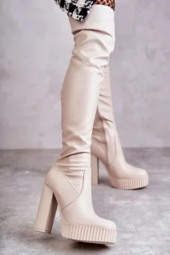Skórzane Wysokie Kozaki Na Platformie Beżowe Katrina
