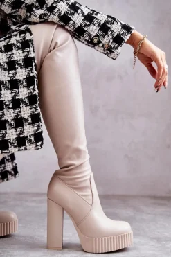 Skórzane Wysokie Kozaki Na Platformie Beżowe Katrina