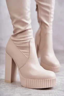 Skórzane Wysokie Kozaki Na Platformie Beżowe Katrina