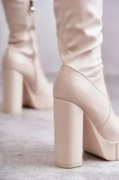 Skórzane Wysokie Kozaki Na Platformie Beżowe Katrina