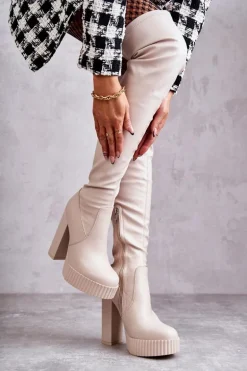 Skórzane Wysokie Kozaki Na Platformie Beżowe Katrina