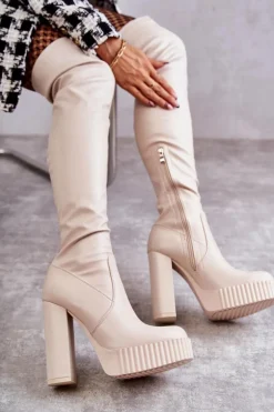 Skórzane Wysokie Kozaki Na Platformie Beżowe Katrina