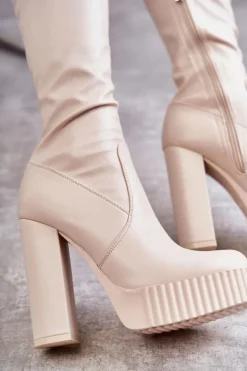 Skórzane Wysokie Kozaki Na Platformie Beżowe Katrina