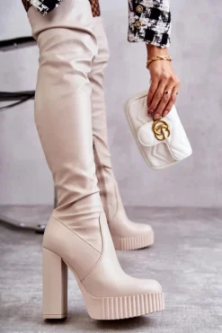 Skórzane Wysokie Kozaki Na Platformie Beżowe Katrina