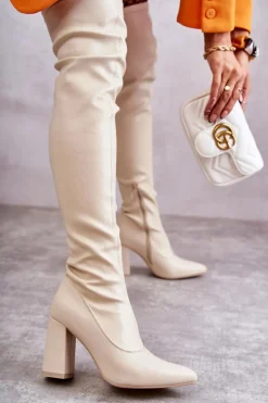 Skórzane Wysokie Kozaki Na Obcasie Beżowe Casto