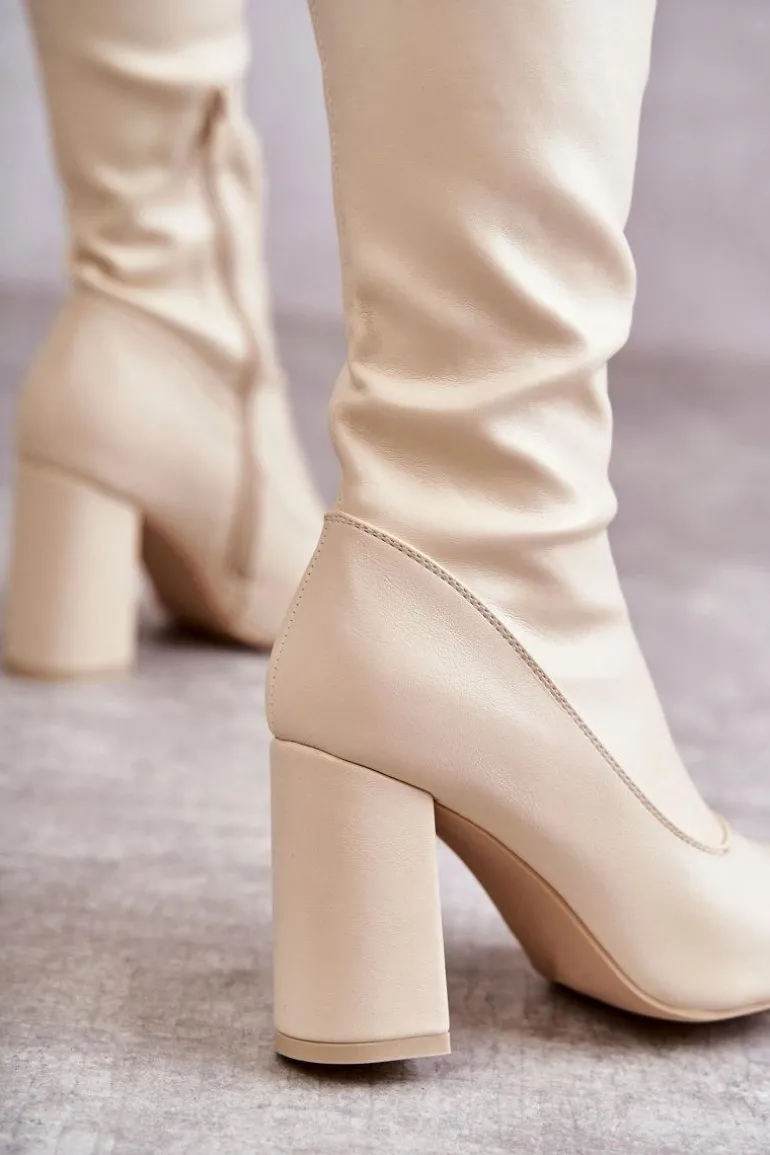 Skórzane Wysokie Kozaki Na Obcasie Beżowe Casto