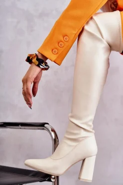 Skórzane Wysokie Kozaki Na Obcasie Beżowe Casto