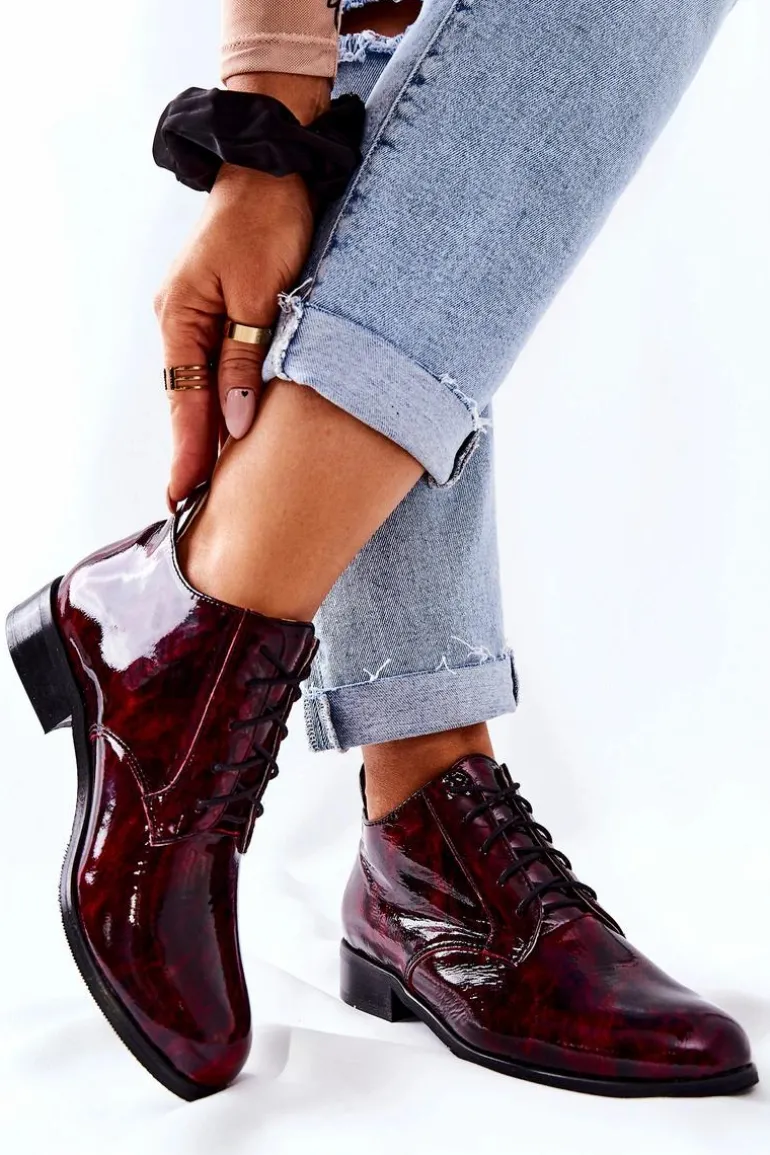 Skórzane Wysokie Półbuty Bordowo-Czarne Maniz