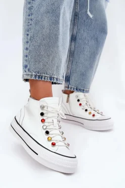 Skórzane Wysokie Trampki Damskie GOE RR2N4102 Białe