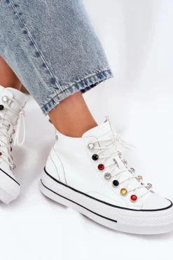 Skórzane Wysokie Trampki Damskie GOE RR2N4102 Białe