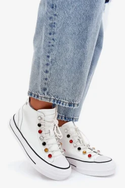 Skórzane Wysokie Trampki Damskie GOE RR2N4102 Białe