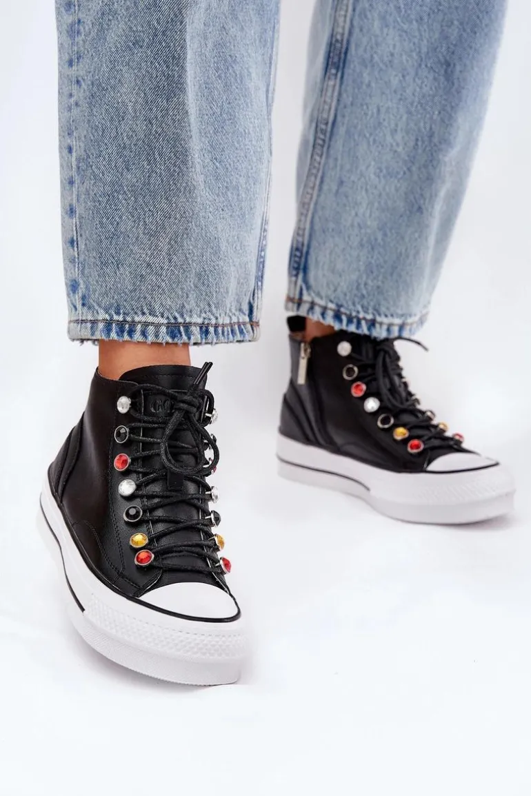 Skórzane Wysokie Trampki Damskie GOE RR2N4101 Czarne