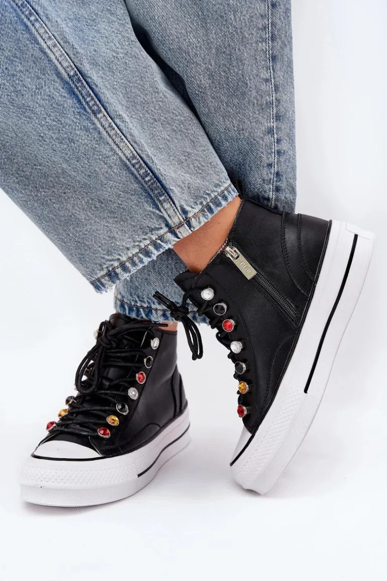 Skórzane Wysokie Trampki Damskie GOE RR2N4101 Czarne