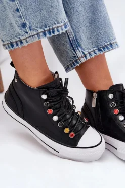 Skórzane Wysokie Trampki Damskie GOE RR2N4101 Czarne