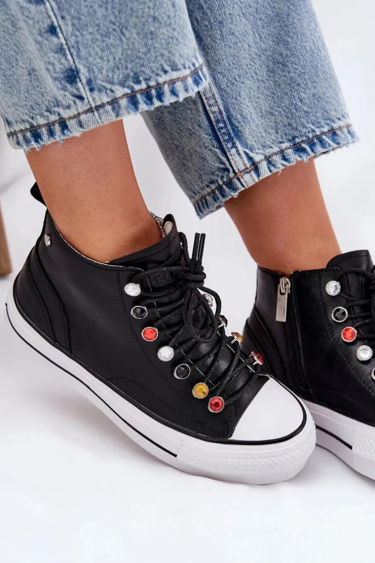 Skórzane Wysokie Trampki Damskie GOE RR2N4101 Czarne