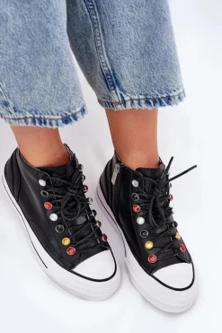 Skórzane Wysokie Trampki Damskie GOE RR2N4101 Czarne