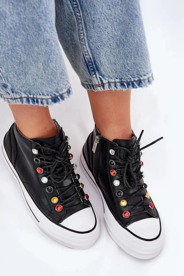 Skórzane Wysokie Trampki Damskie GOE RR2N4101 Czarne