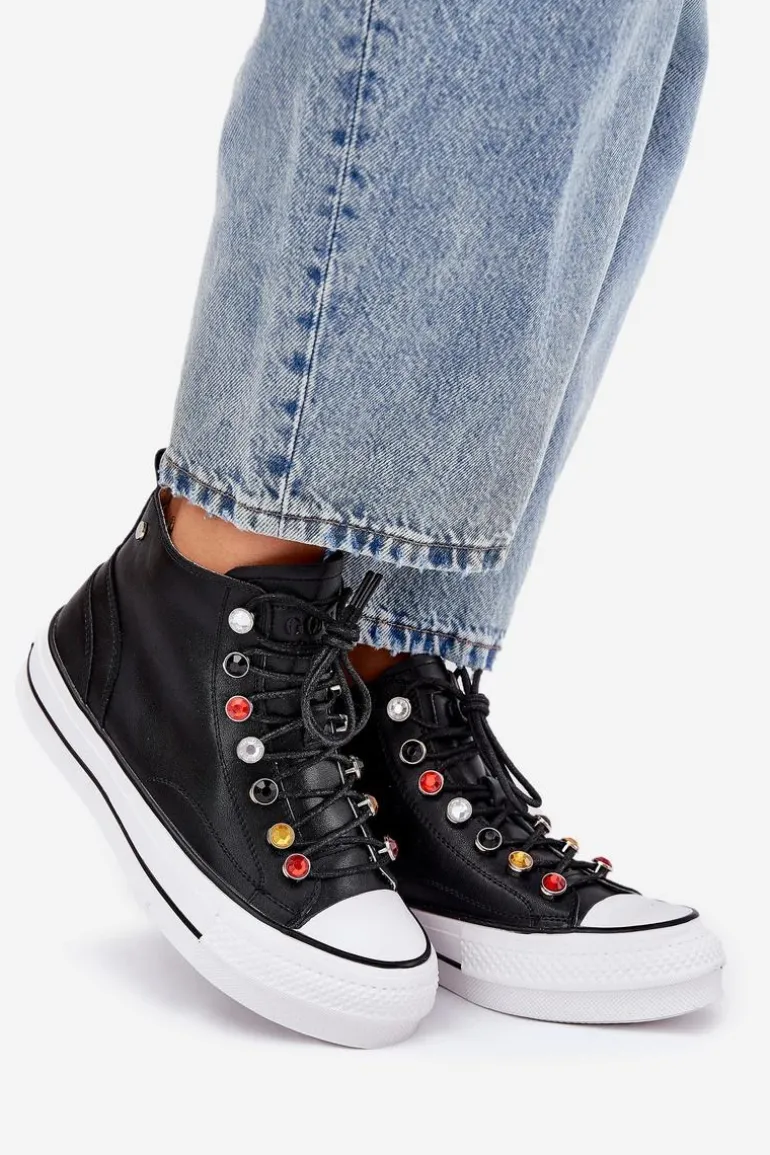 Skórzane Wysokie Trampki Damskie GOE RR2N4101 Czarne