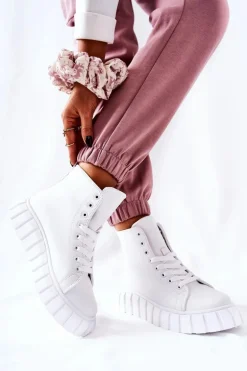 Skórzane Wysokie Trampki Na Platformie Białe Meniphise