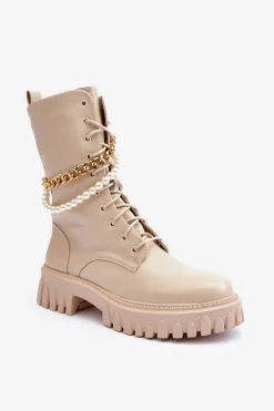 Skórzane Wysokie Workery Z Łańcuszkiem Beżowe Nameer