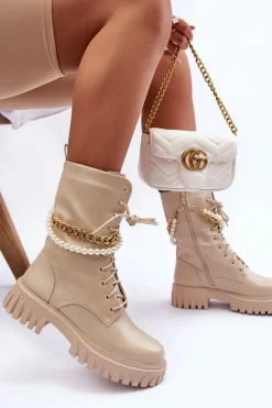Skórzane Wysokie Workery Z Łańcuszkiem Beżowe Nameer