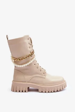 Skórzane Wysokie Workery Z Łańcuszkiem Beżowe Nameer
