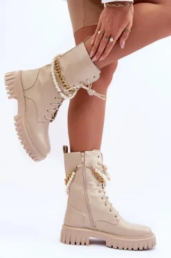 Skórzane Wysokie Workery Z Łańcuszkiem Beżowe Nameer