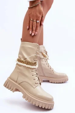 Skórzane Wysokie Workery Z Łańcuszkiem Beżowe Nameer