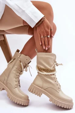 Skórzane Wysokie Workery Z Łańcuszkiem Beżowe Nameer