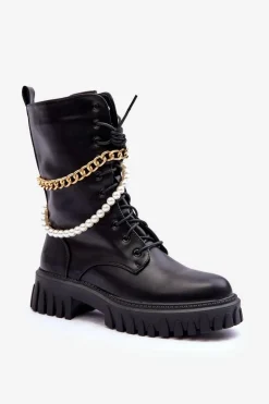 Skórzane Wysokie Workery Z Łańcuszkiem Czarne Nameer
