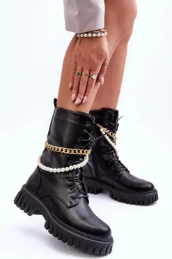 Skórzane Wysokie Workery Z Łańcuszkiem Czarne Nameer