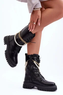 Skórzane Wysokie Workery Z Łańcuszkiem Czarne Nameer