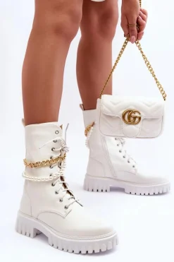 Skórzane Wysokie Workery Z Łańcuszkiem Białe Nameer