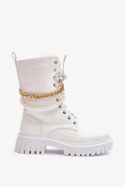 Skórzane Wysokie Workery Z Łańcuszkiem Białe Nameer